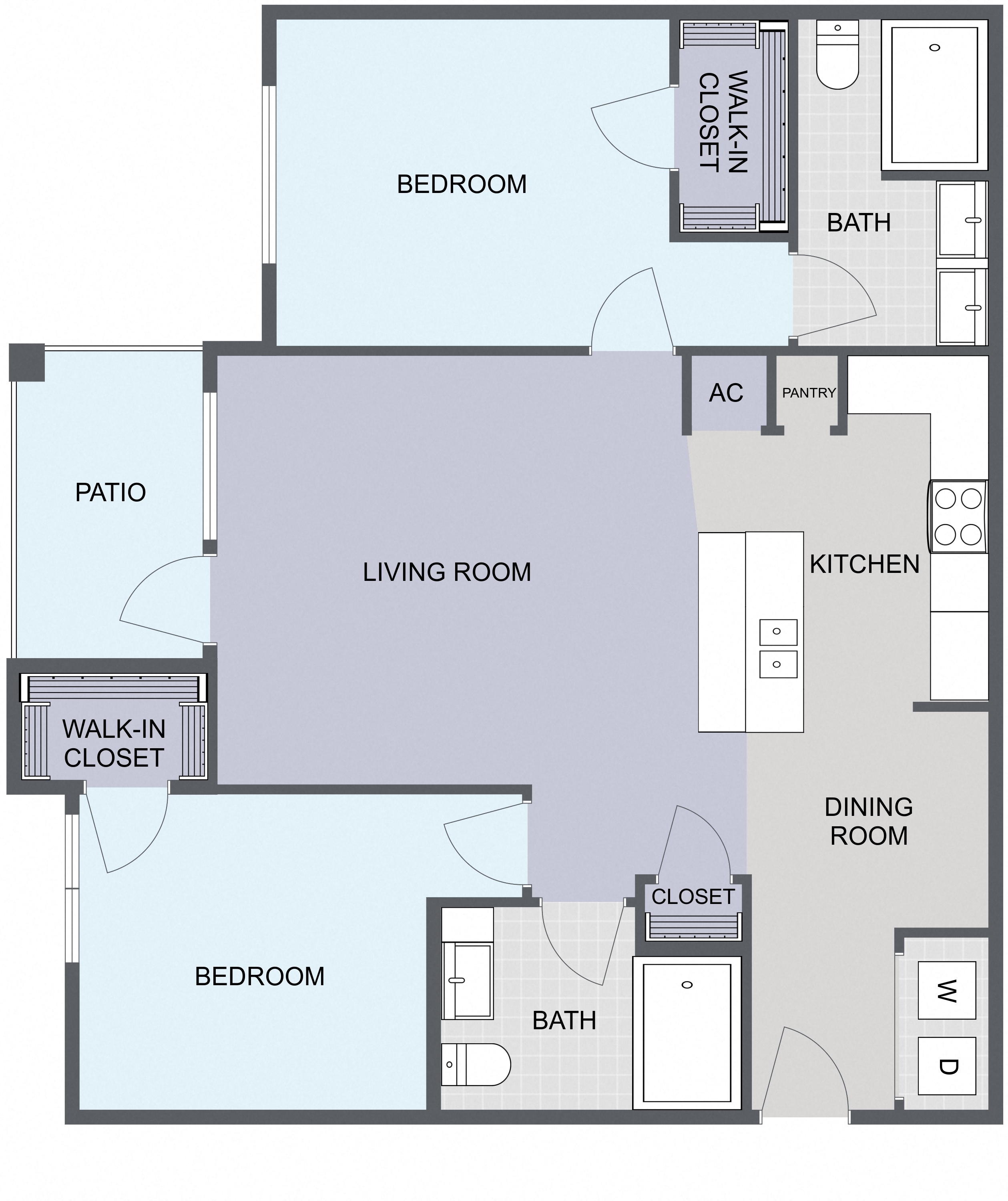 Floor plan for 2 beds, 2 baths, 1073 sqft